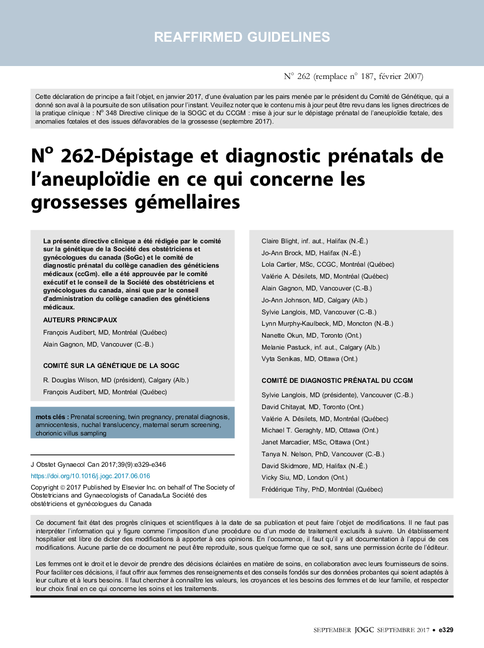 No 262-Dépistage et diagnostic prénatals de l'aneuploïdie en ce qui concerne les grossesses gémellaires