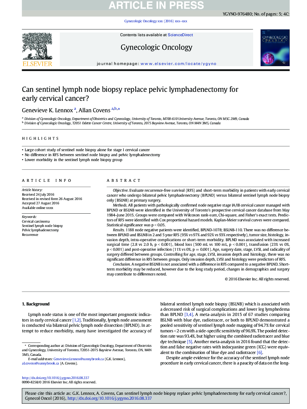 Can sentinel lymph node biopsy replace pelvic lymphadenectomy for early cervical cancer?