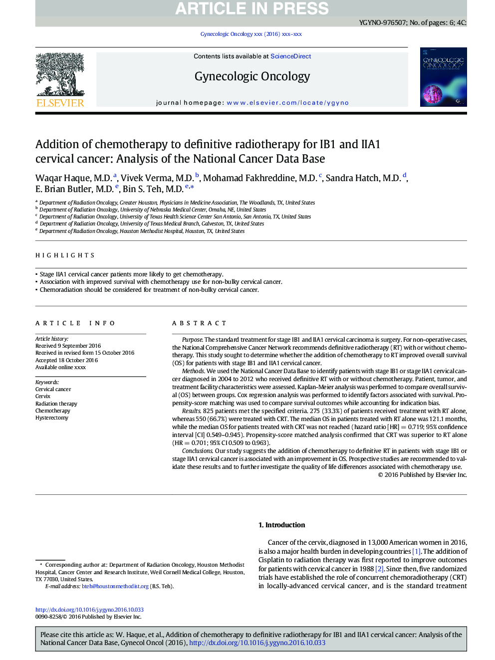 Addition of chemotherapy to definitive radiotherapy for IB1 and IIA1 cervical cancer: Analysis of the National Cancer Data Base