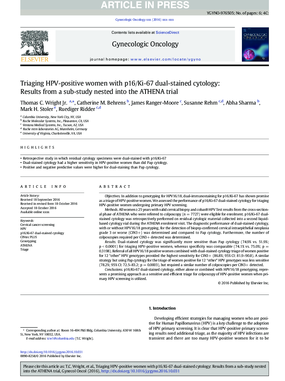 Triaging HPV-positive women with p16/Ki-67 dual-stained cytology: Results from a sub-study nested into the ATHENA trial
