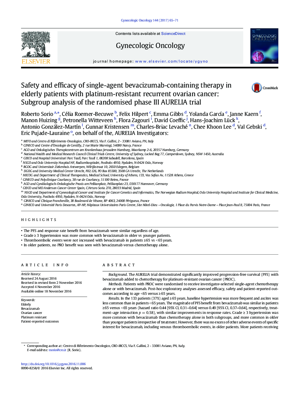 Safety and efficacy of single-agent bevacizumab-containing therapy in elderly patients with platinum-resistant recurrent ovarian cancer: Subgroup analysis of the randomised phase III AURELIA trial