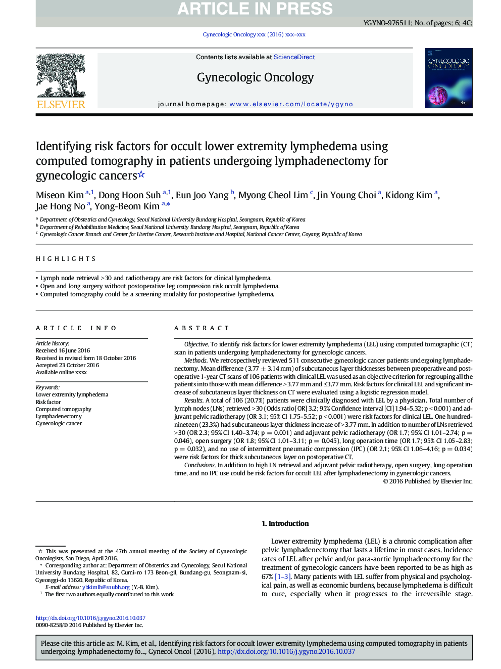 Identifying risk factors for occult lower extremity lymphedema using computed tomography in patients undergoing lymphadenectomy for gynecologic cancers