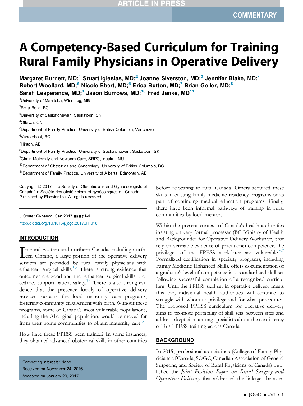 A Competency-Based Curriculum for Training Rural Family Physicians in Operative Delivery