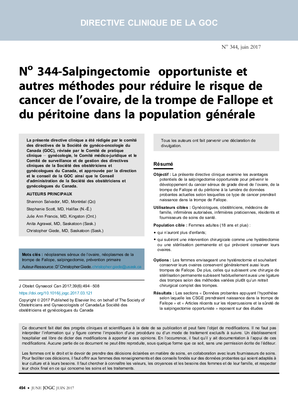 No 344-Salpingectomie opportuniste et autres méthodes pour réduire le risque de cancer de l'ovaire, de la trompe de Fallope et du péritoine dans la population générale