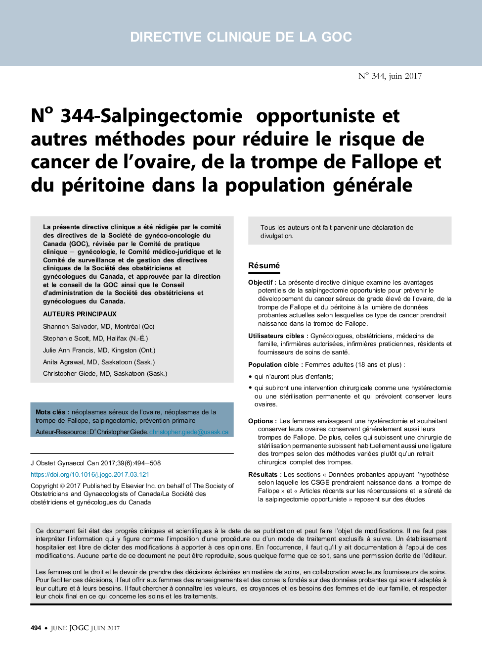 عکس صفحه اول مقاله: No 344-Salpingectomie opportuniste et autres méthodes pour réduire le risque de cancer de l'ovaire, de la trompe de Fallope et du péritoine dans la population générale No 344-Salpingectomie opportuniste et autres méthodes pour réduire le risque de cancer de l'ovaire, de la trompe de Fallope et du péritoine dans la population générale