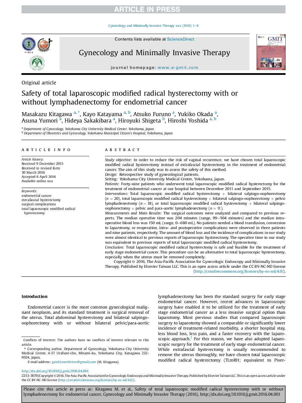 Safety of total laparoscopic modified radical hysterectomy with or without lymphadenectomy for endometrial cancer