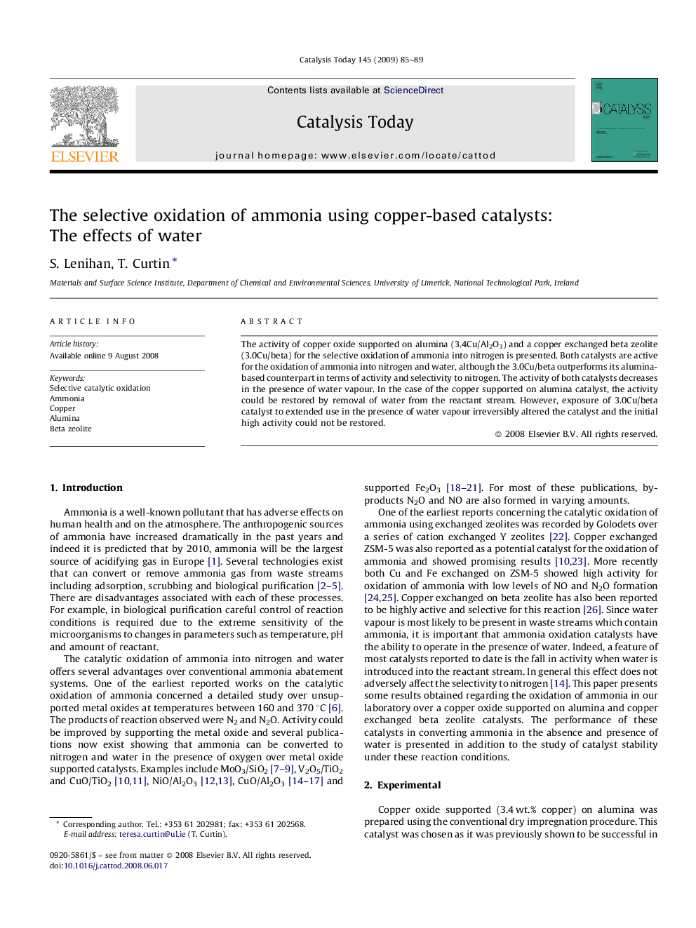 The selective oxidation of ammonia using copper-based catalysts: The effects of water