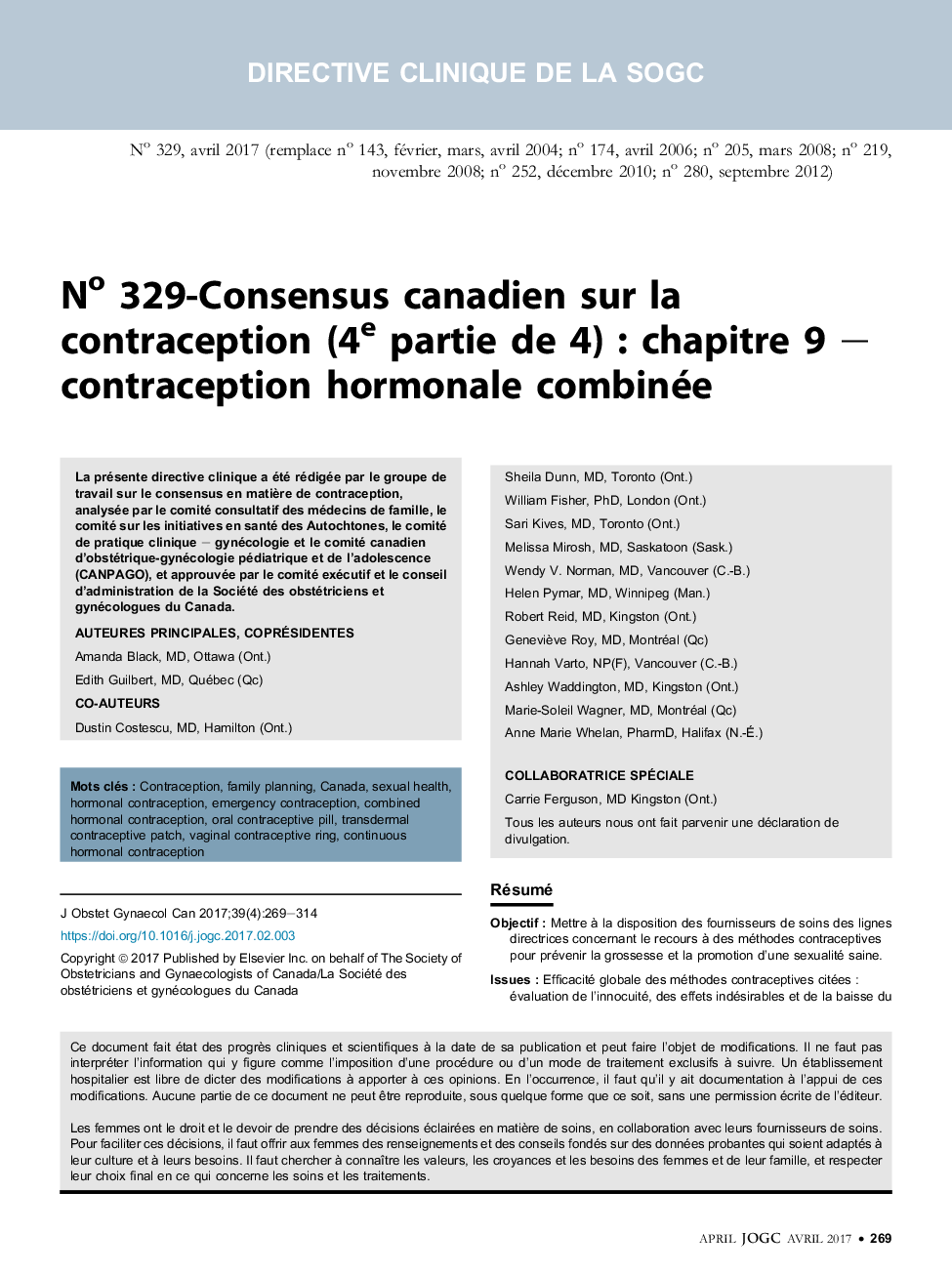 No 329-Consensus canadien sur la contraception (4eÂ partie de 4) : chapitre 9 - contraception hormonale combinée