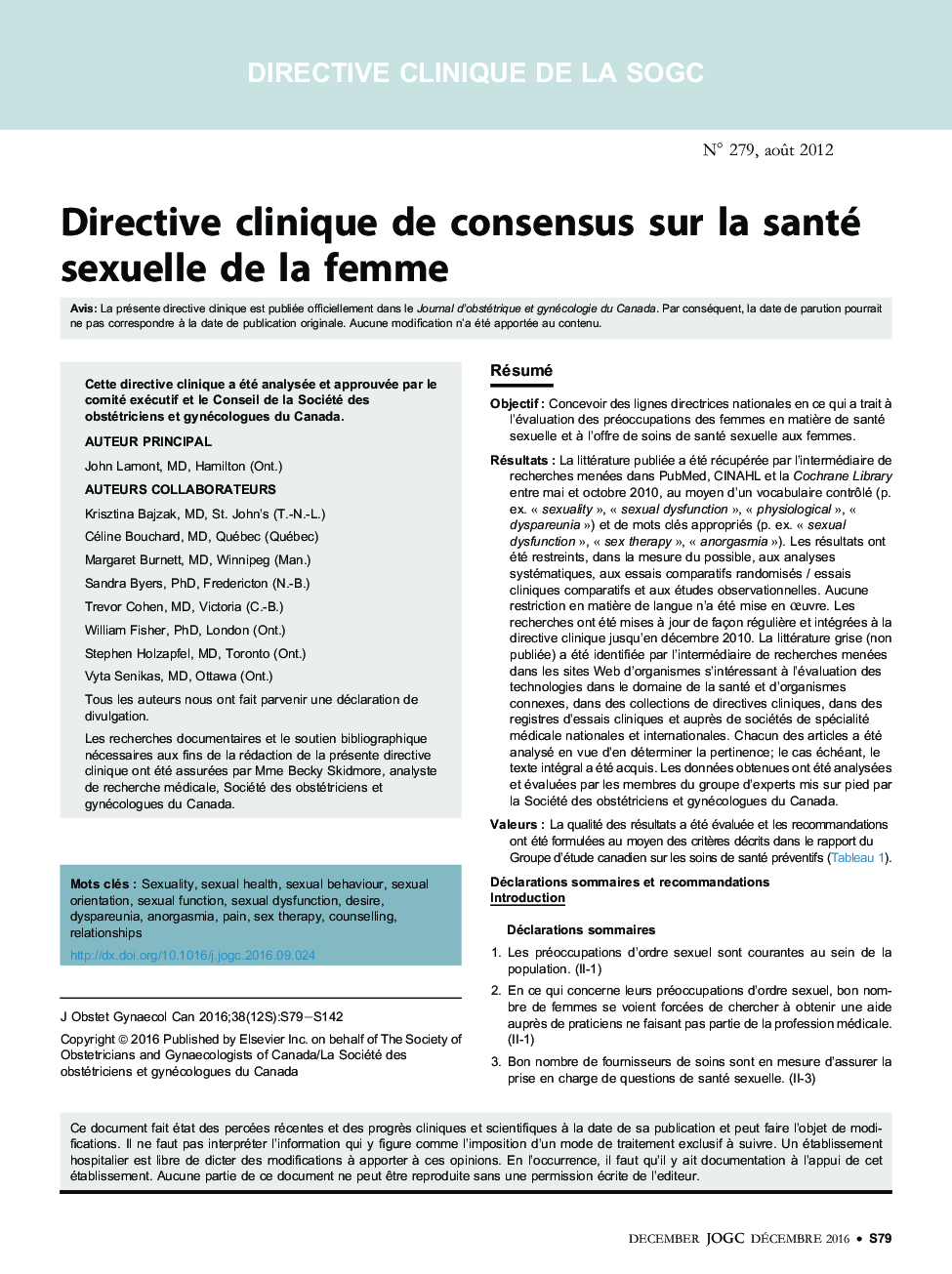 Directive clinique de consensus sur la santé sexuelle de la femme