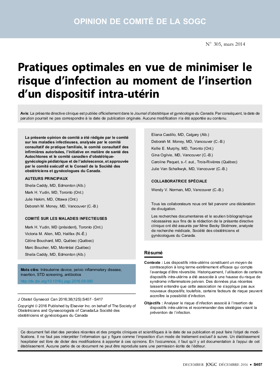 Pratiques optimales en vue de minimiser le risque d'infection au moment de l'insertion d'un dispositif intra-utérin