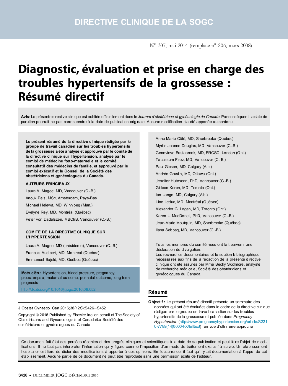 Diagnostic, évaluation et prise en charge des troubles hypertensifs de la grossesse : Résumé directif