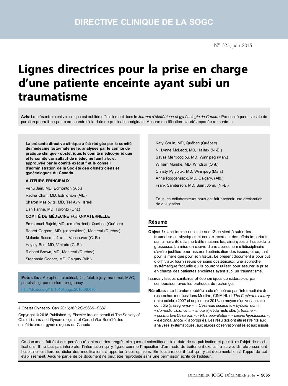 Lignes directrices pour la prise en charge d'une patiente enceinte ayant subi un traumatisme