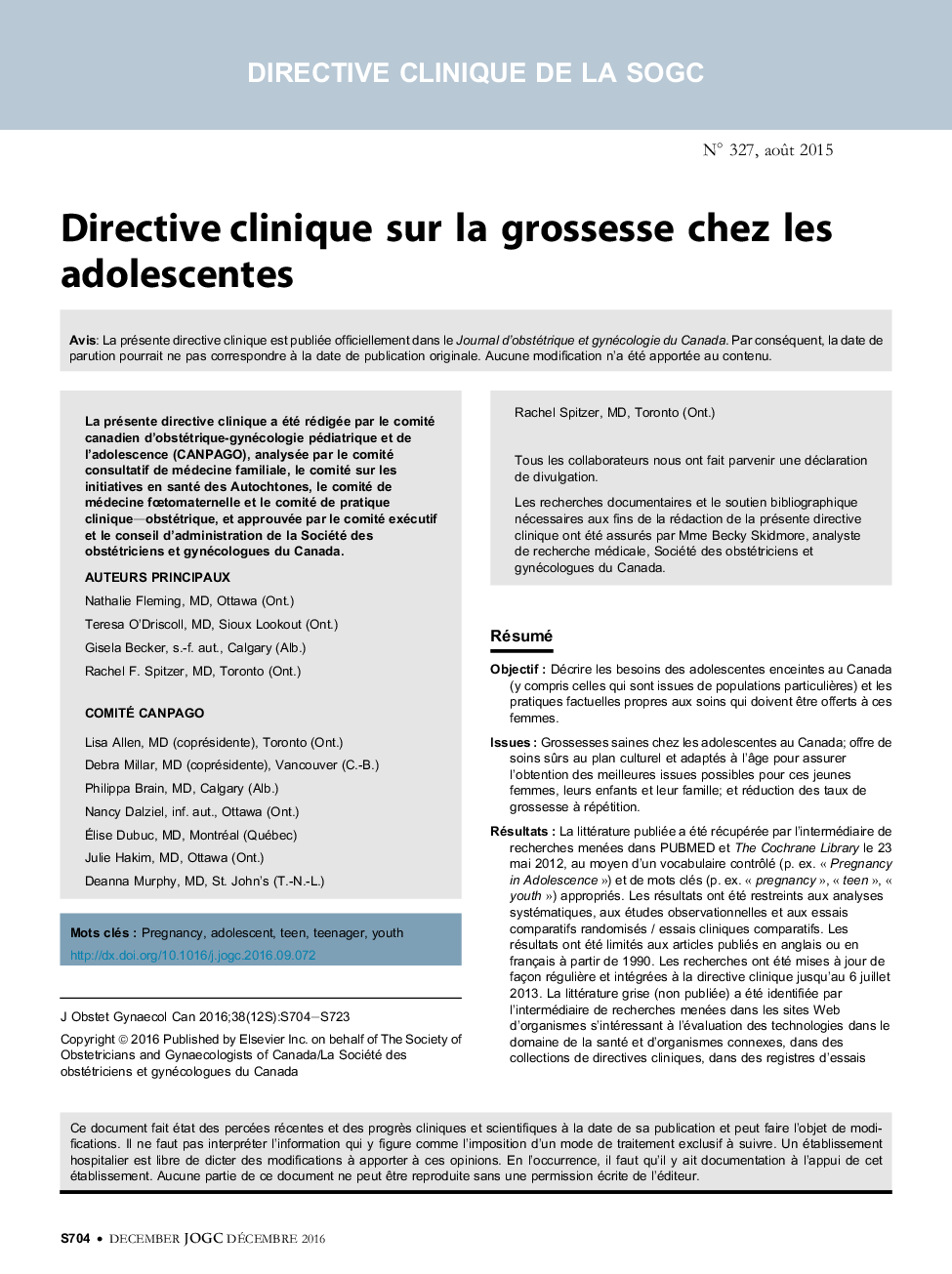 Directive clinique sur la grossesse chez les adolescentes