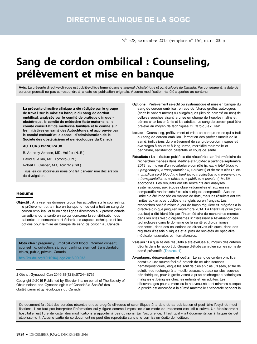 Sang de cordon ombilical : Counseling, prélÃ¨vement et mise en banque