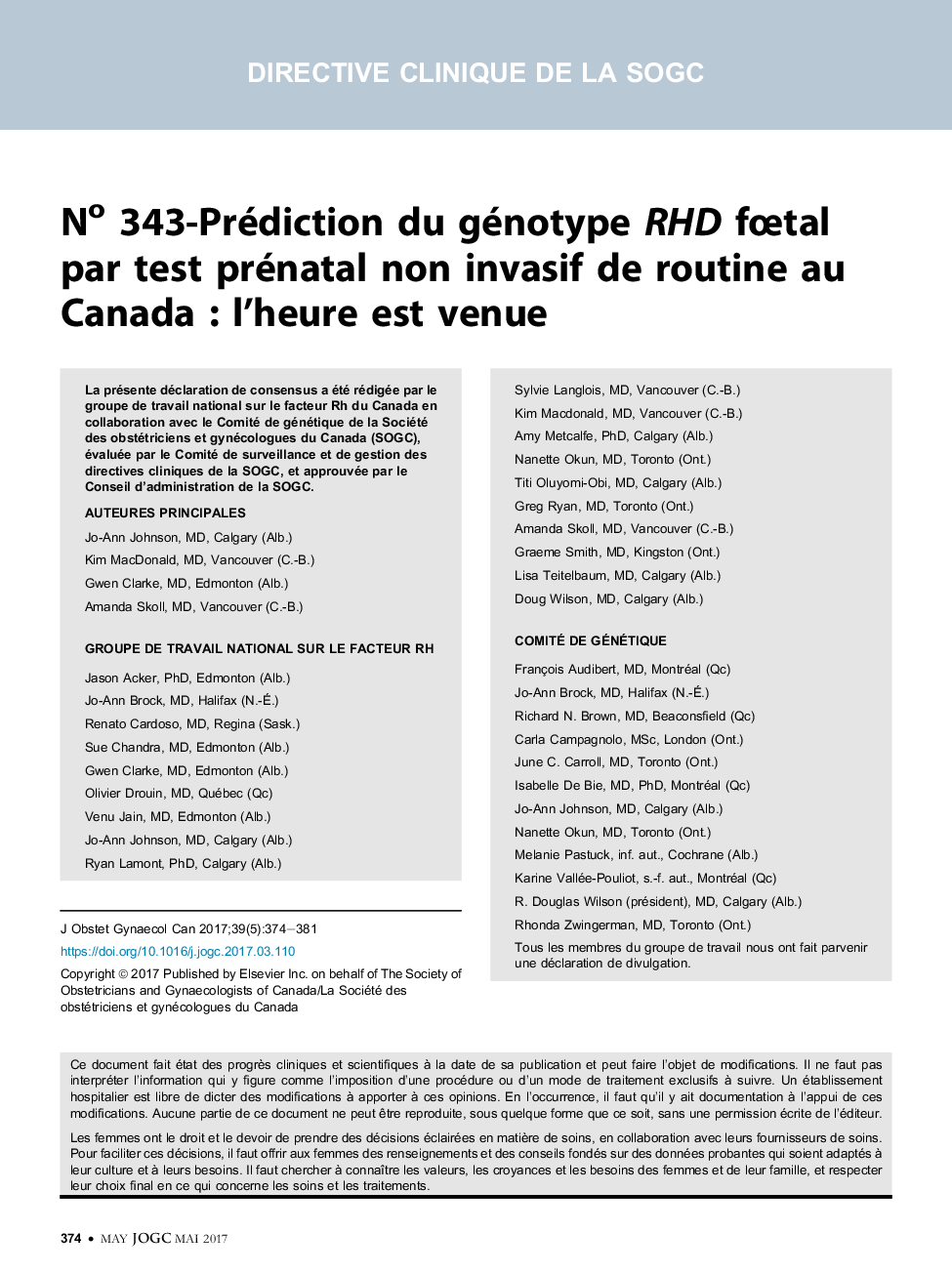 No 343-Prédiction du génotype RHD fÅtal par test prénatal non invasif de routine au Canada : l'heure est venue