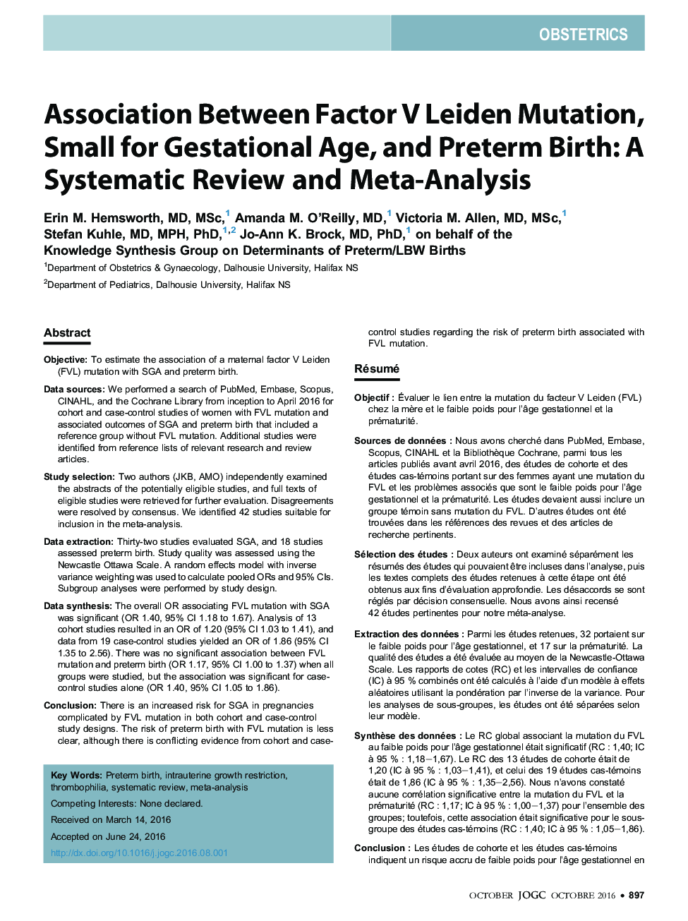 Association Between Factor V Leiden Mutation, Small for Gestational Age, and Preterm Birth: A Systematic Review and Meta-Analysis