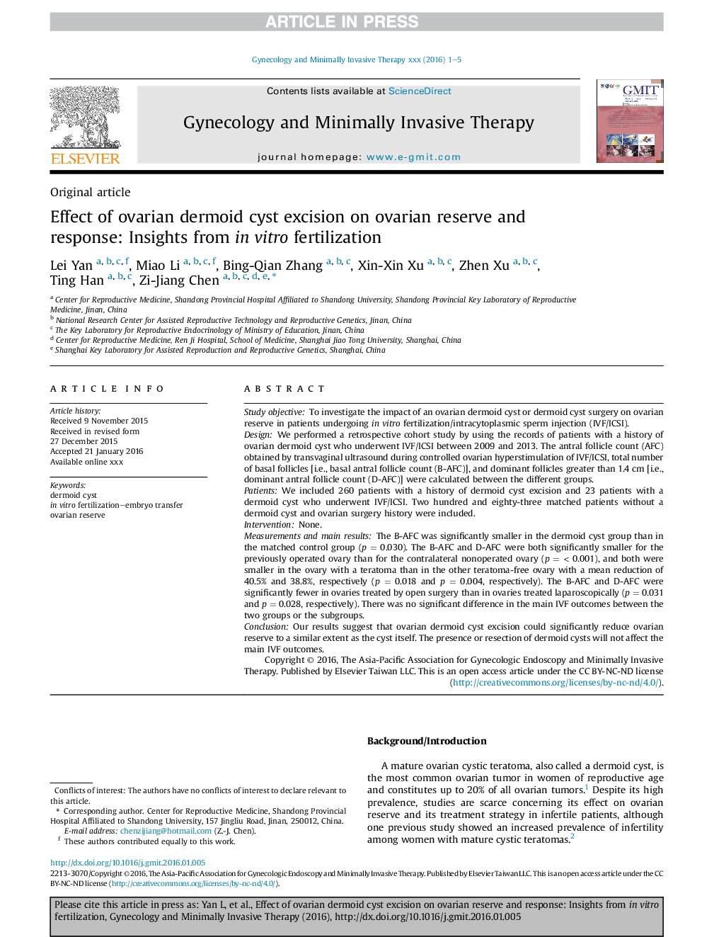 Effect of ovarian dermoid cyst excision on ovarian reserve and response: Insights from inÂ vitro fertilization