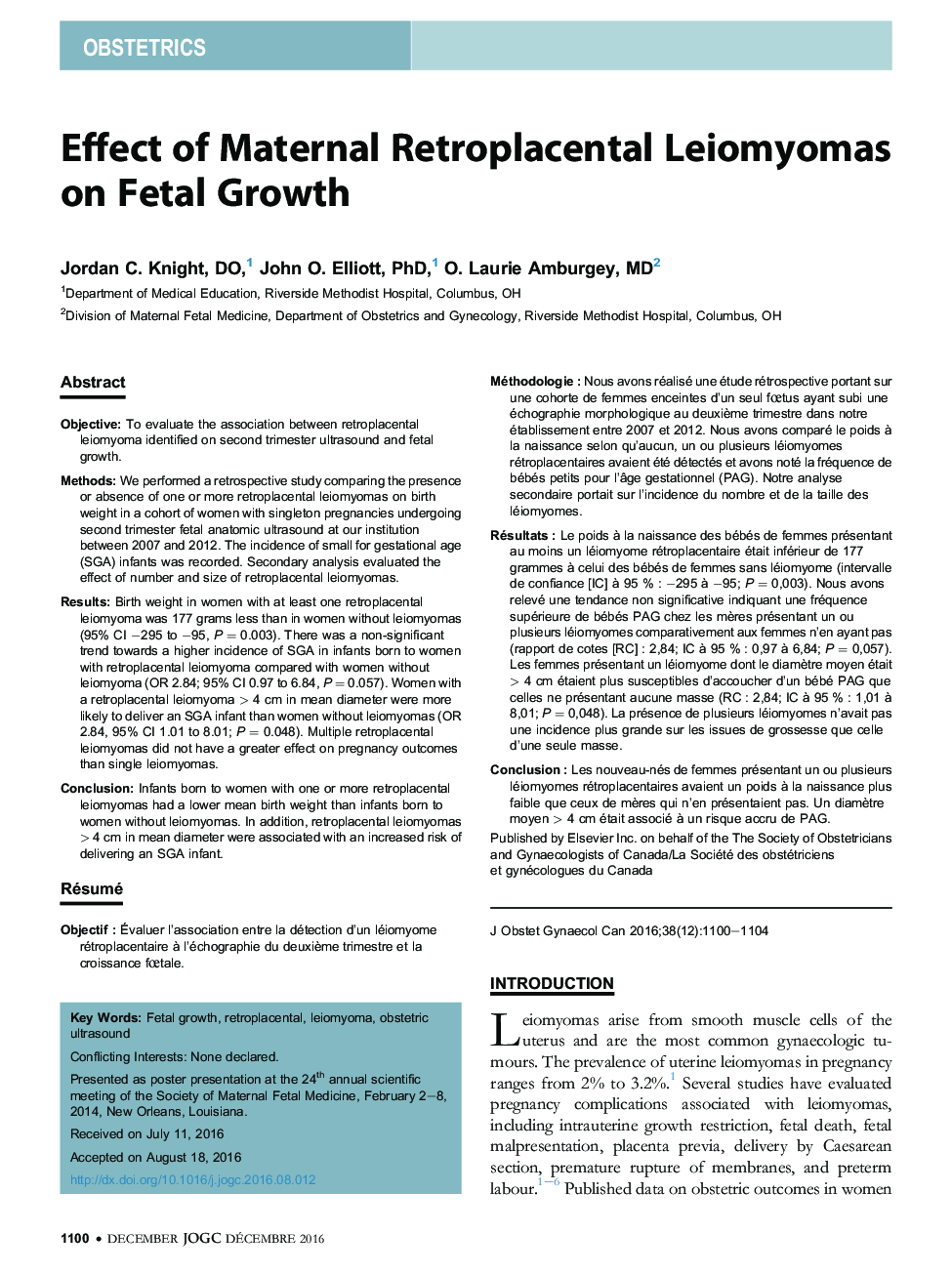 Effect of Maternal Retroplacental Leiomyomas on Fetal Growth