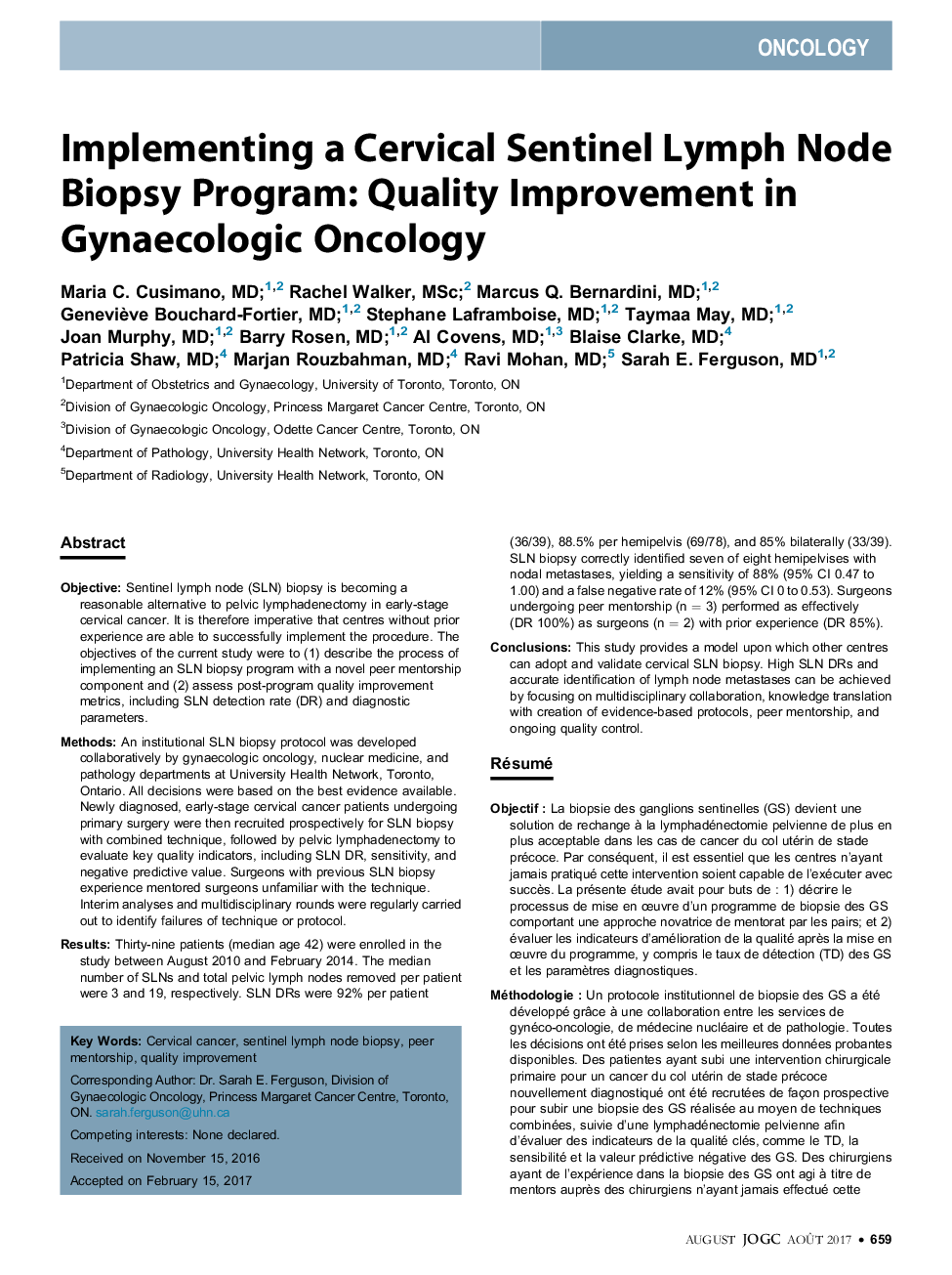 Implementing a Cervical Sentinel Lymph Node Biopsy Program: Quality Improvement in Gynaecologic Oncology