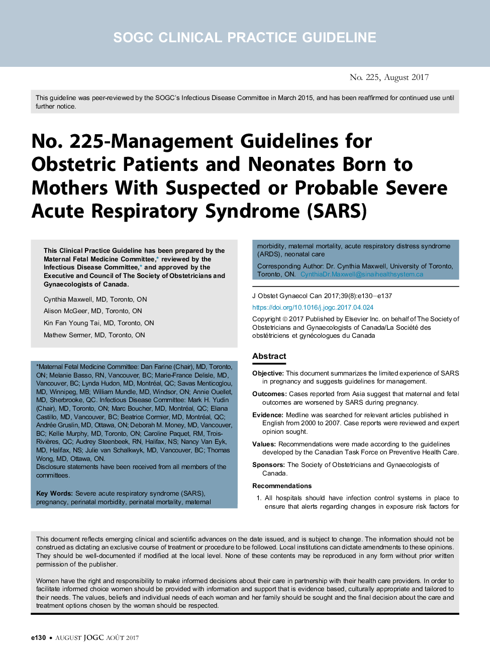 شماره 225- دستورالعمل های مدیریتی برای بیماران مبتلا به زایمان و نوزادان متولد شده در مادران مبتلا به سندرم حاد تنفسی حاد و یا احتمالا سارس 