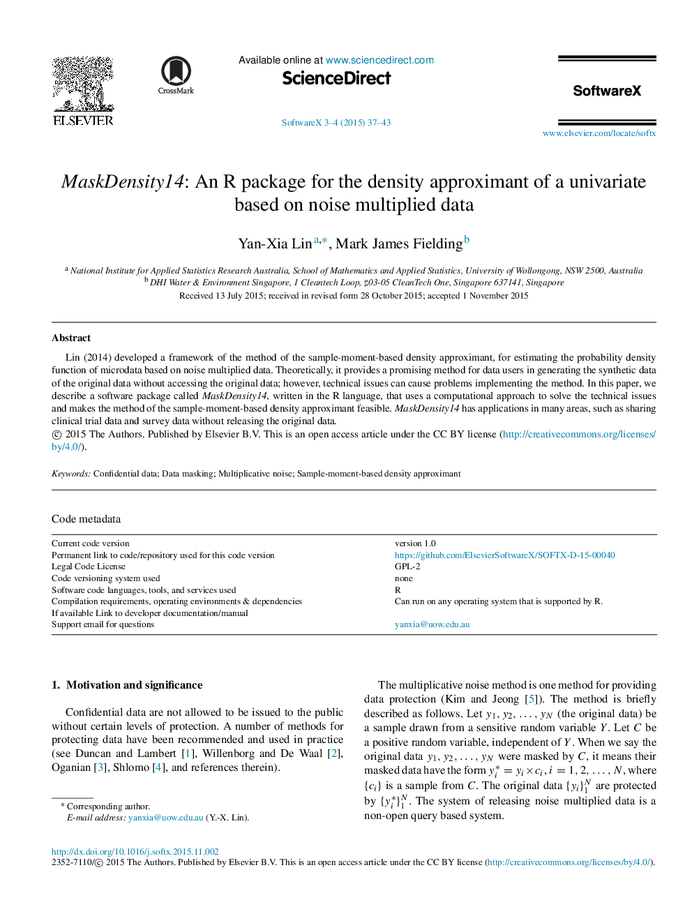 MaskDensity14: An R package for the density approximant of a univariate based on noise multiplied data