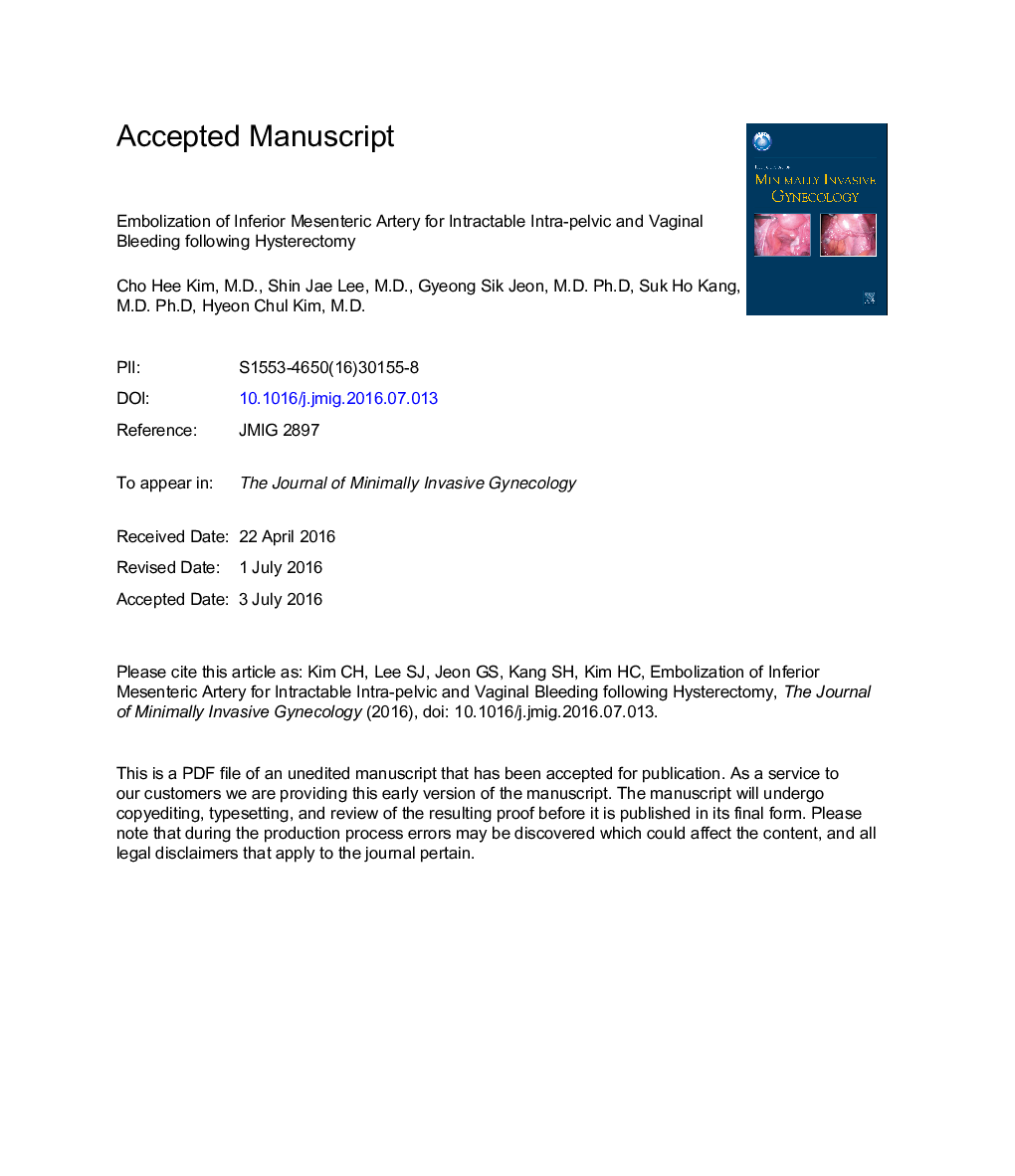 Embolization of Inferior Mesenteric Artery for Intractable Intrapelvic and Vaginal Bleeding After Hysterectomy