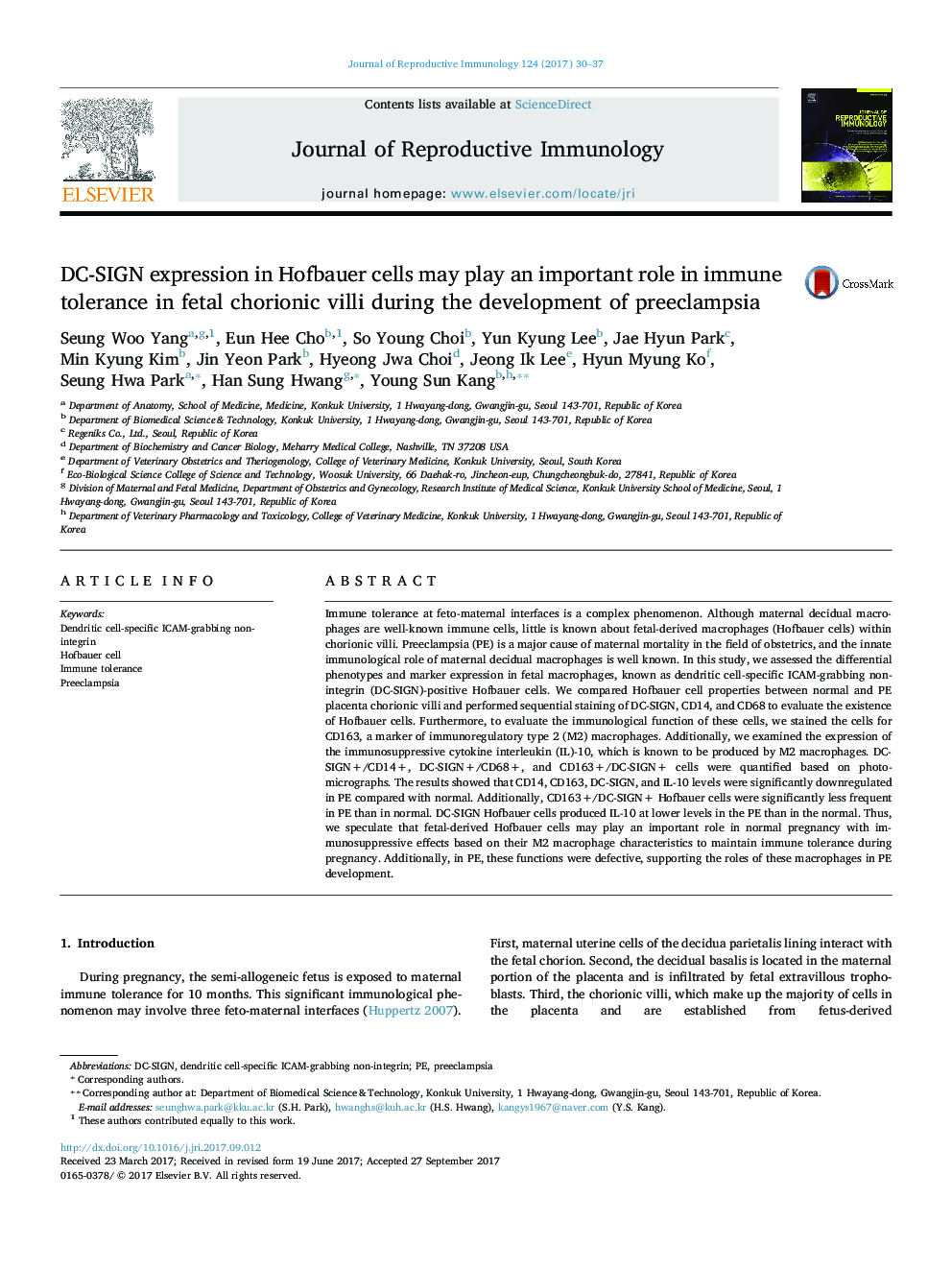 DC-SIGN expression in Hofbauer cells may play an important role in immune tolerance in fetal chorionic villi during the development of preeclampsia