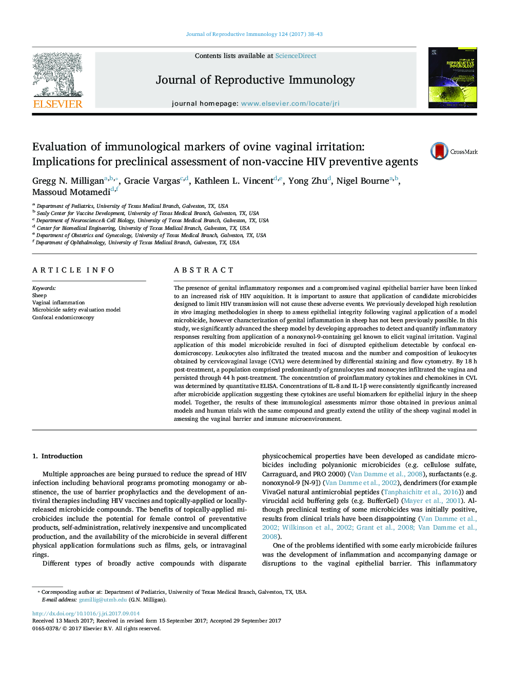 Evaluation of immunological markers of ovine vaginal irritation: Implications for preclinical assessment of non-vaccine HIV preventive agents