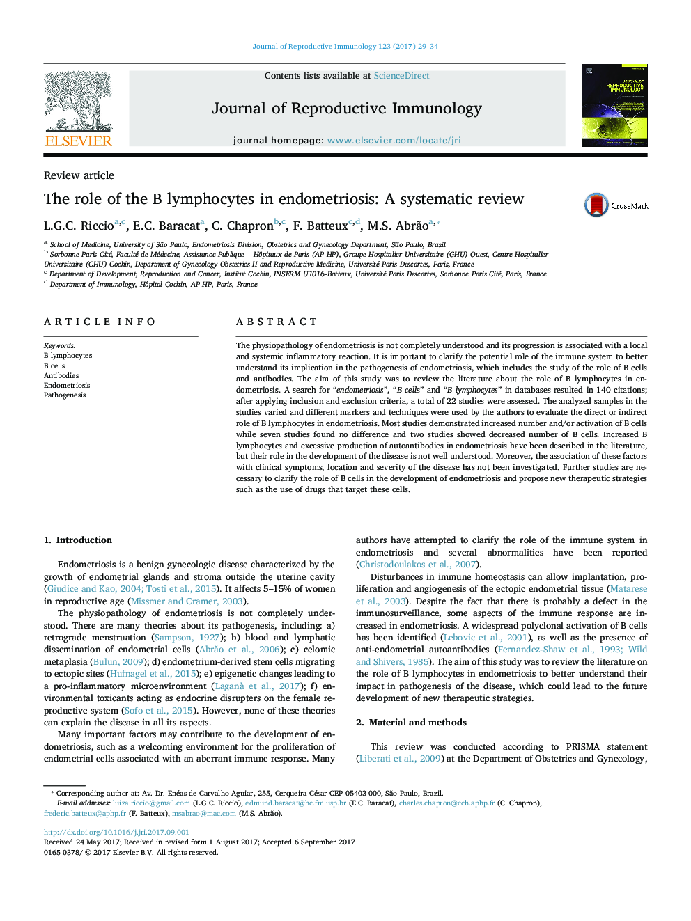 The role of the B lymphocytes in endometriosis: A systematic review