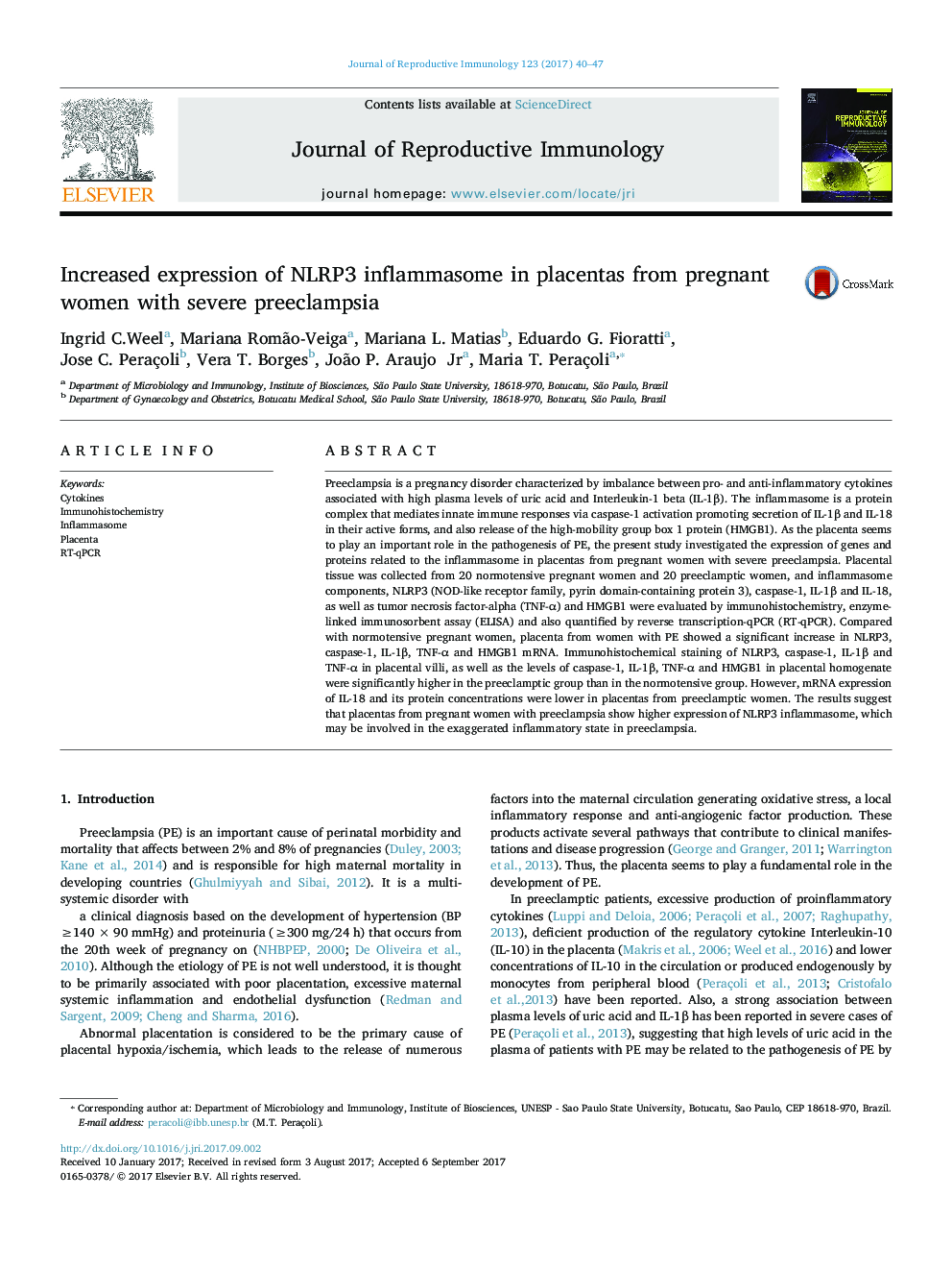 Increased expression of NLRP3 inflammasome in placentas from pregnant women with severe preeclampsia