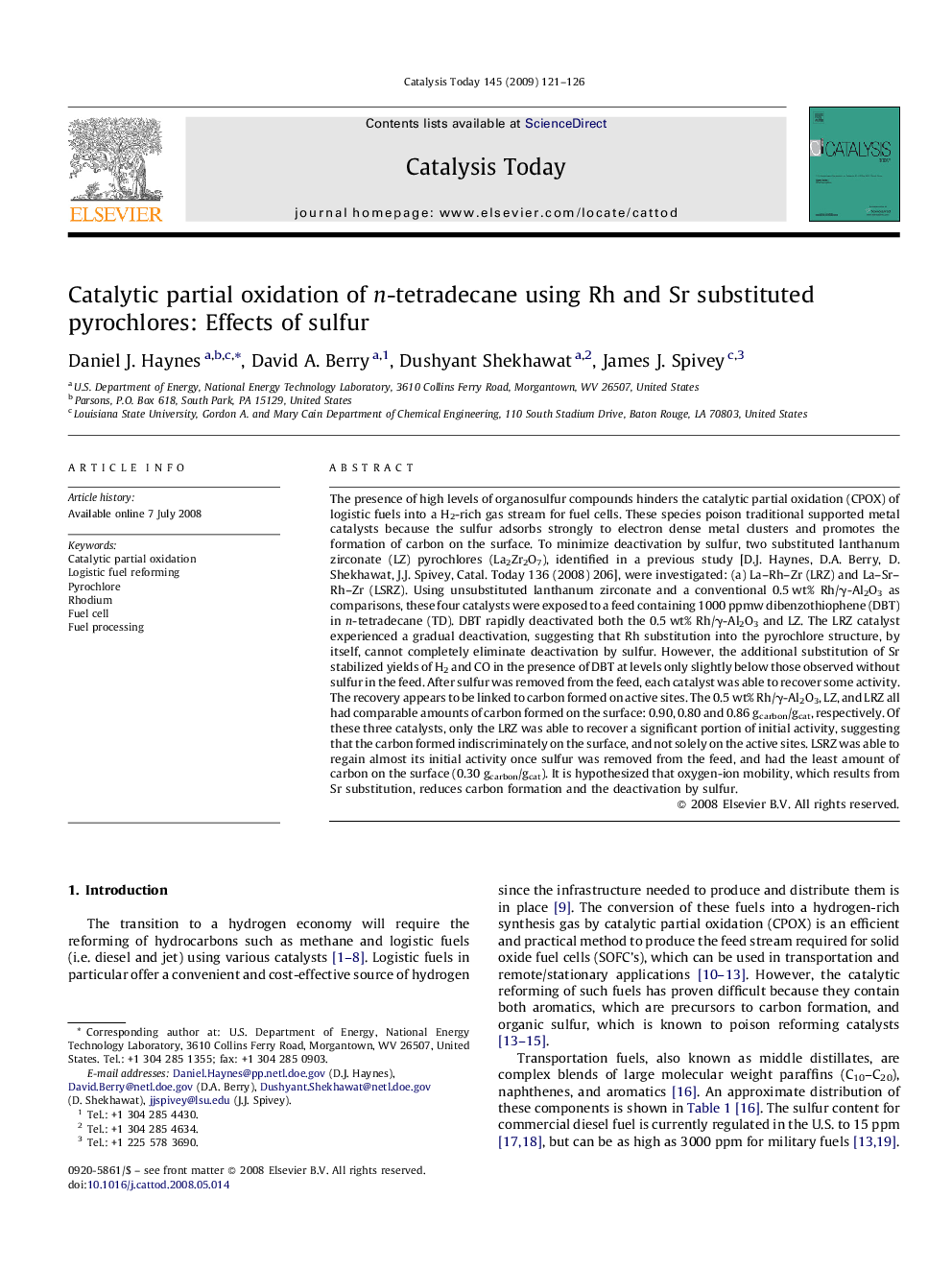 Catalytic partial oxidation of n-tetradecane using Rh and Sr substituted pyrochlores: Effects of sulfur