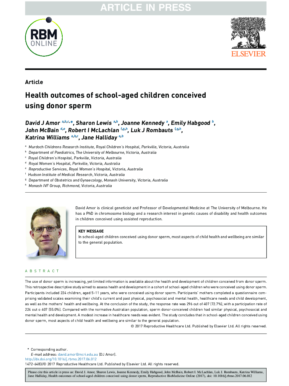 Health outcomes of school-aged children conceived using donor sperm