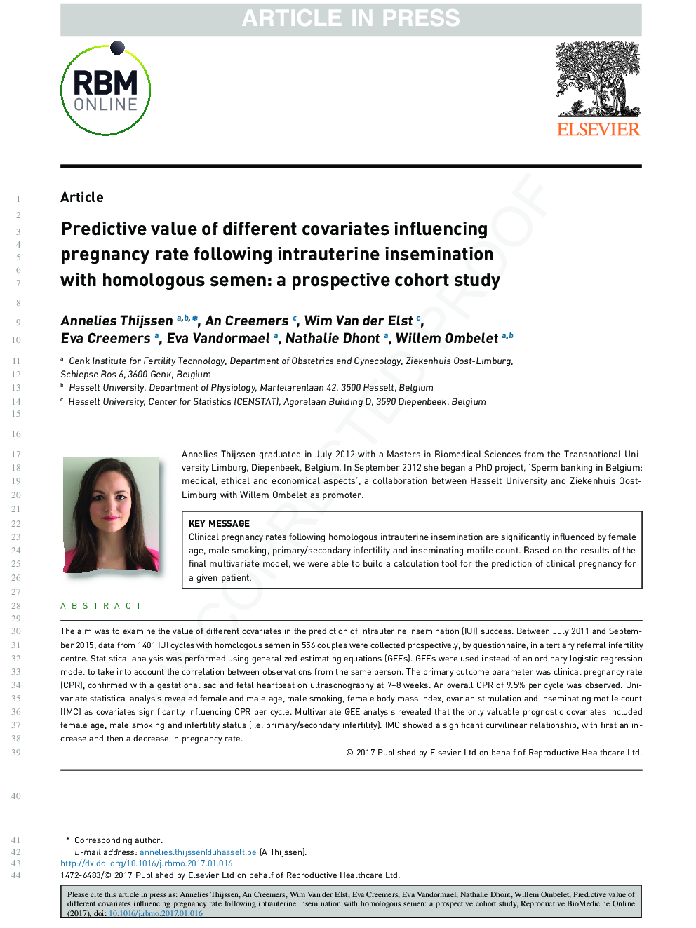 Predictive value of different covariates influencing pregnancy rate following intrauterine insemination with homologous semen: a prospective cohort study