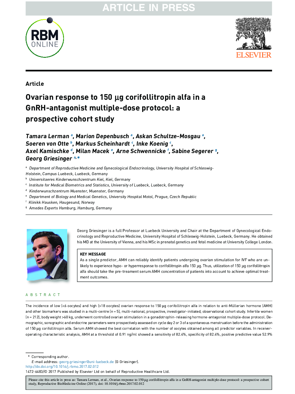 Ovarian response to 150âÂµg corifollitropin alfa in a GnRH-antagonist multiple-dose protocol: a prospective cohort study