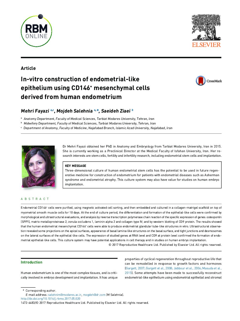 In-vitro construction of endometrial-like epithelium using CD146+ mesenchymal cells derived from human endometrium