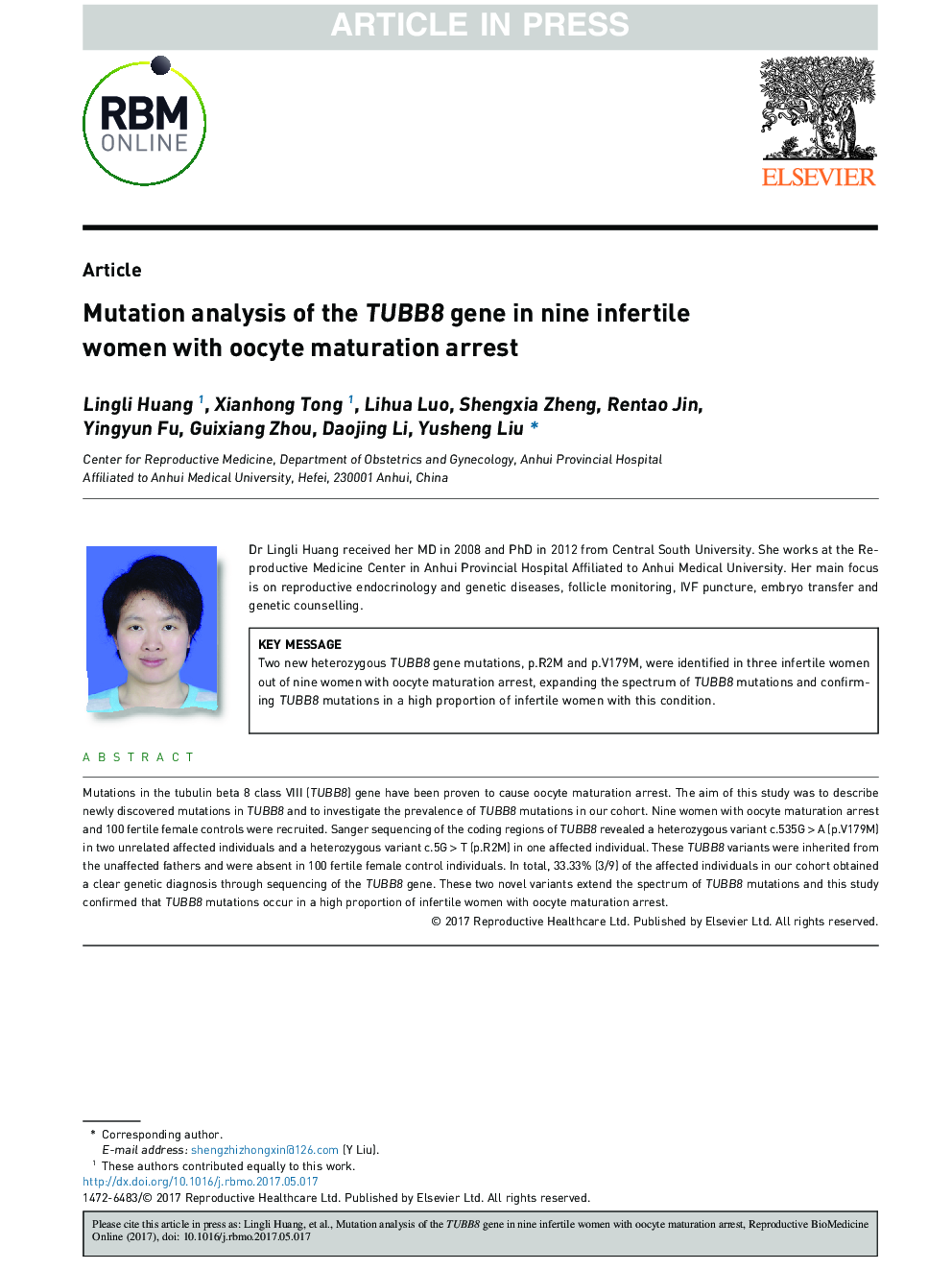 Mutation analysis of the TUBB8 gene in nine infertile women with oocyte maturation arrest