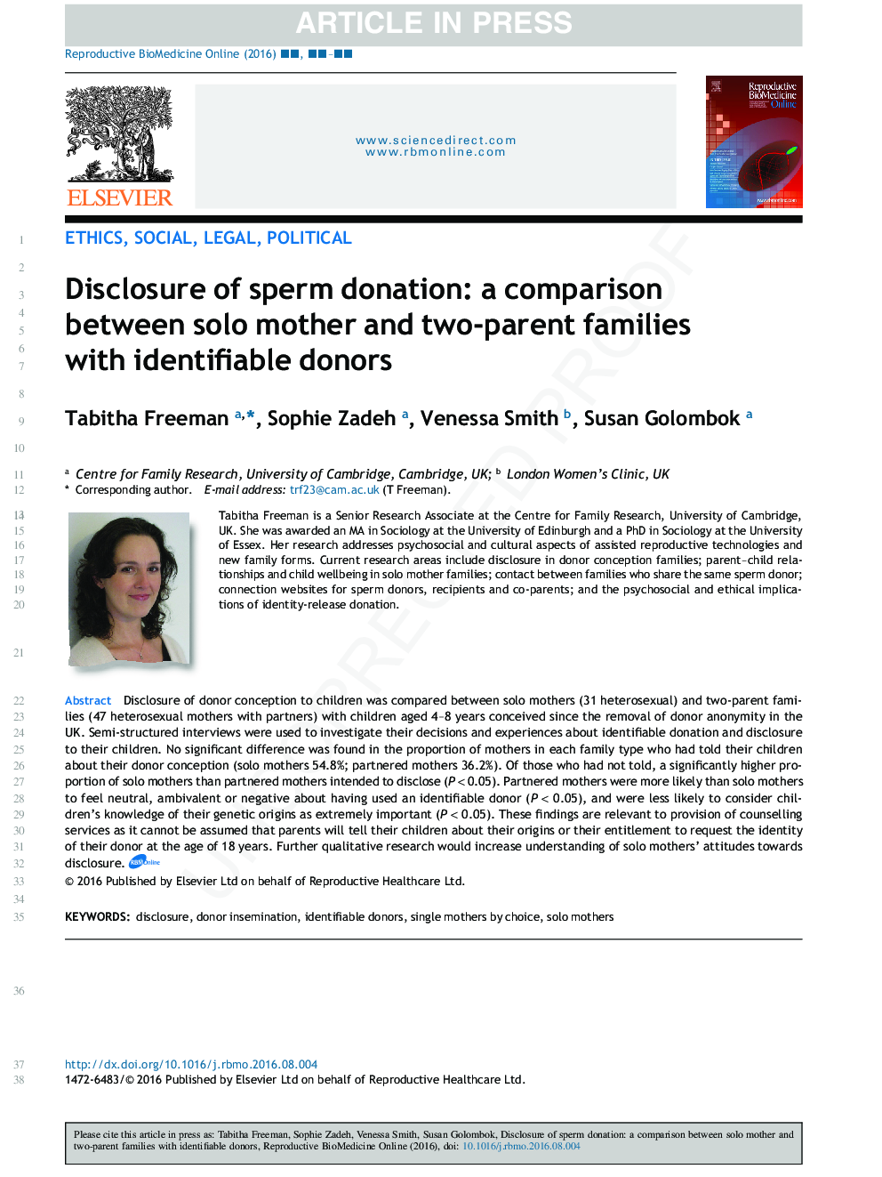 Disclosure of sperm donation: a comparison between solo mother and two-parent families with identifiable donors