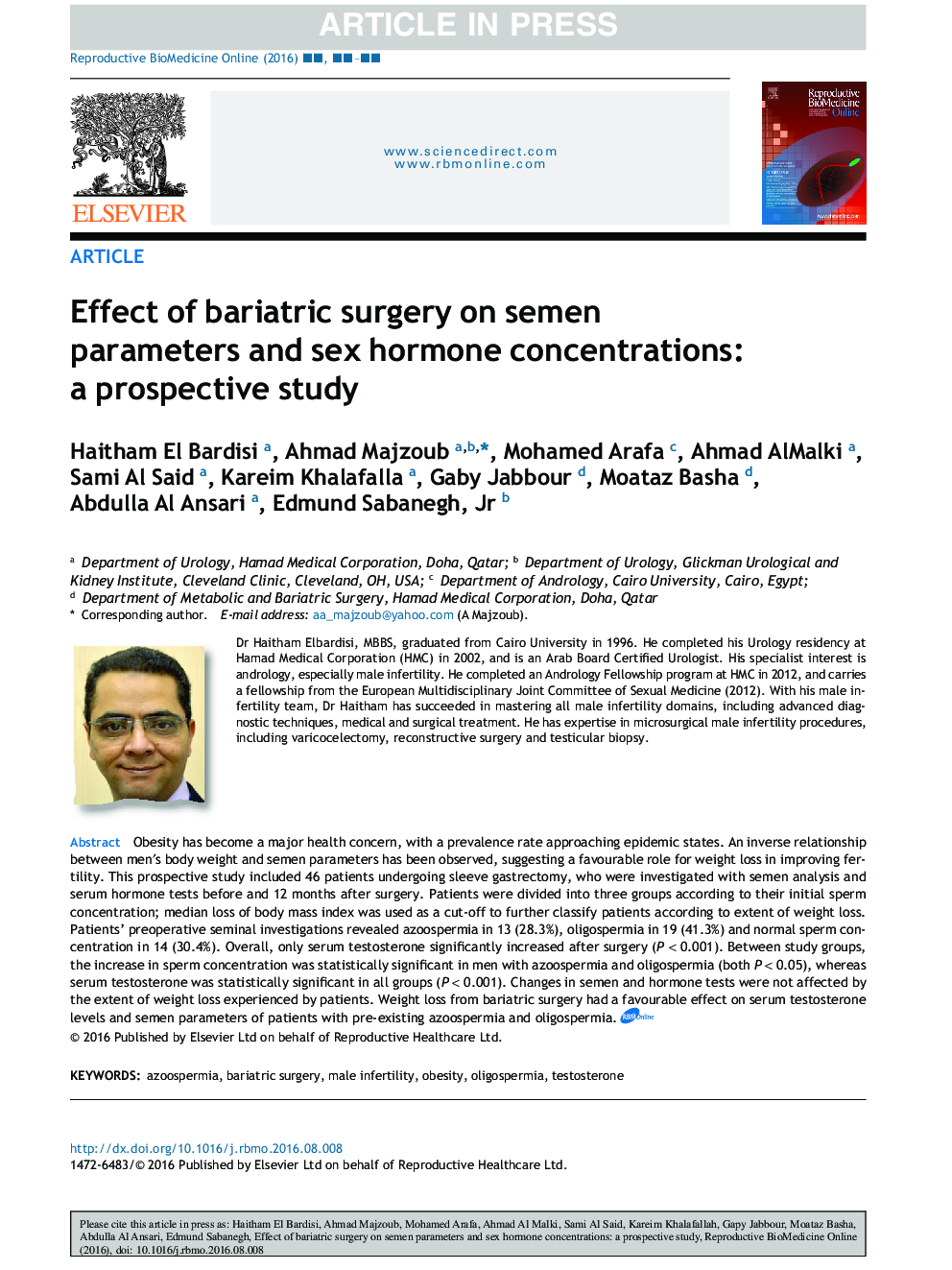اثر جراحی بریتریک بر پارامترهای اسپرم و غلظت هورمون جنسی: یک مطالعه آینده نگر 