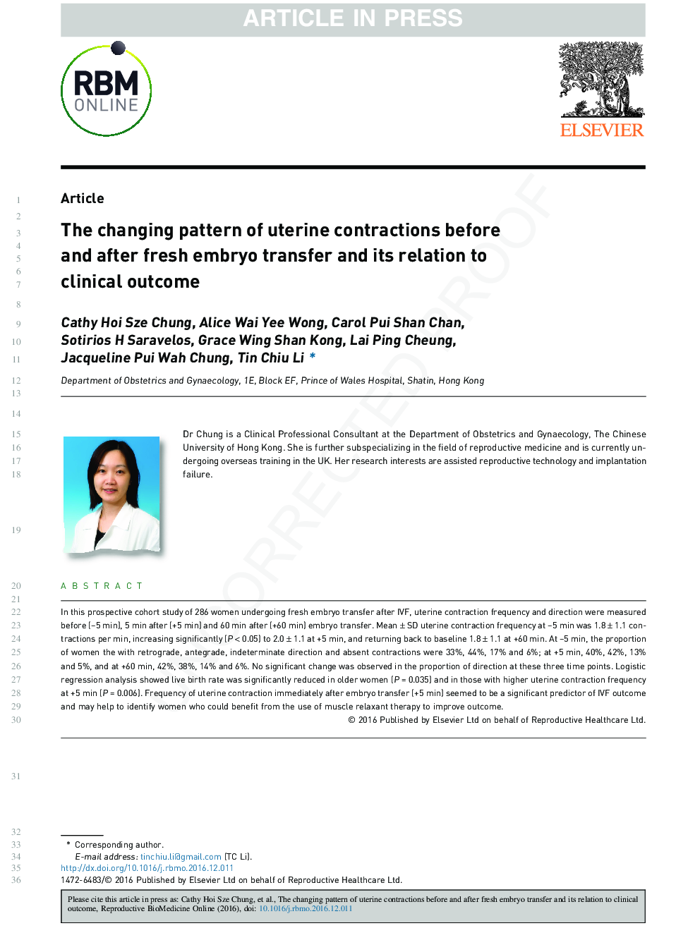 The changing pattern of uterine contractions before and after fresh embryo transfer and its relation to clinical outcome