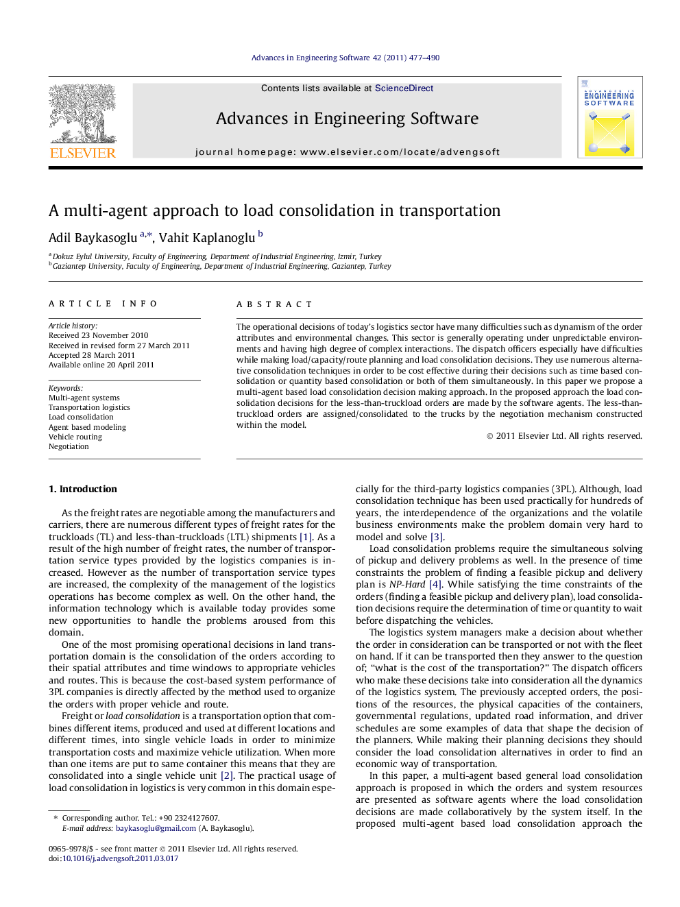 A multi-agent approach to load consolidation in transportation