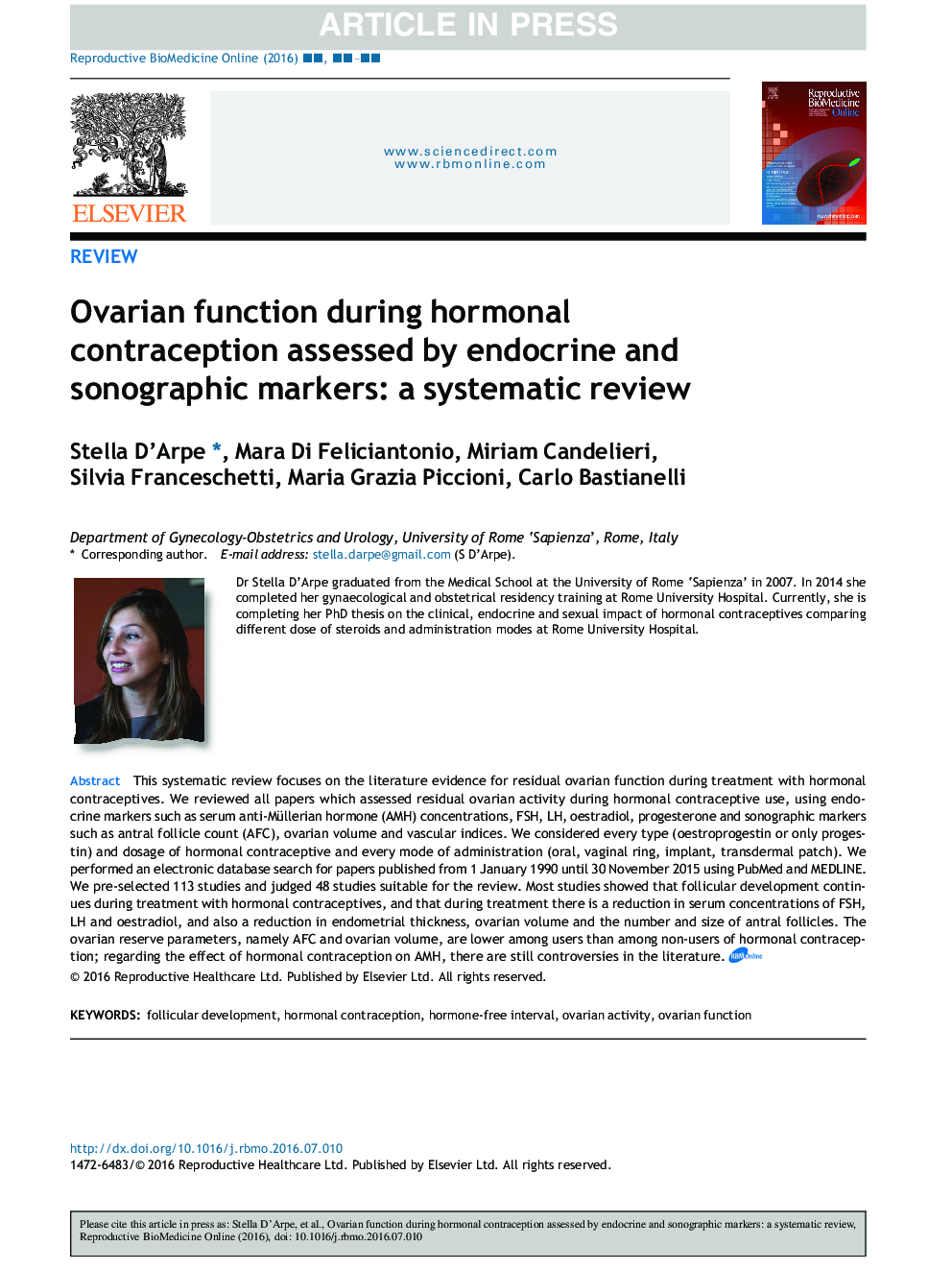 Ovarian function during hormonal contraception assessed by endocrine and sonographic markers: a systematic review