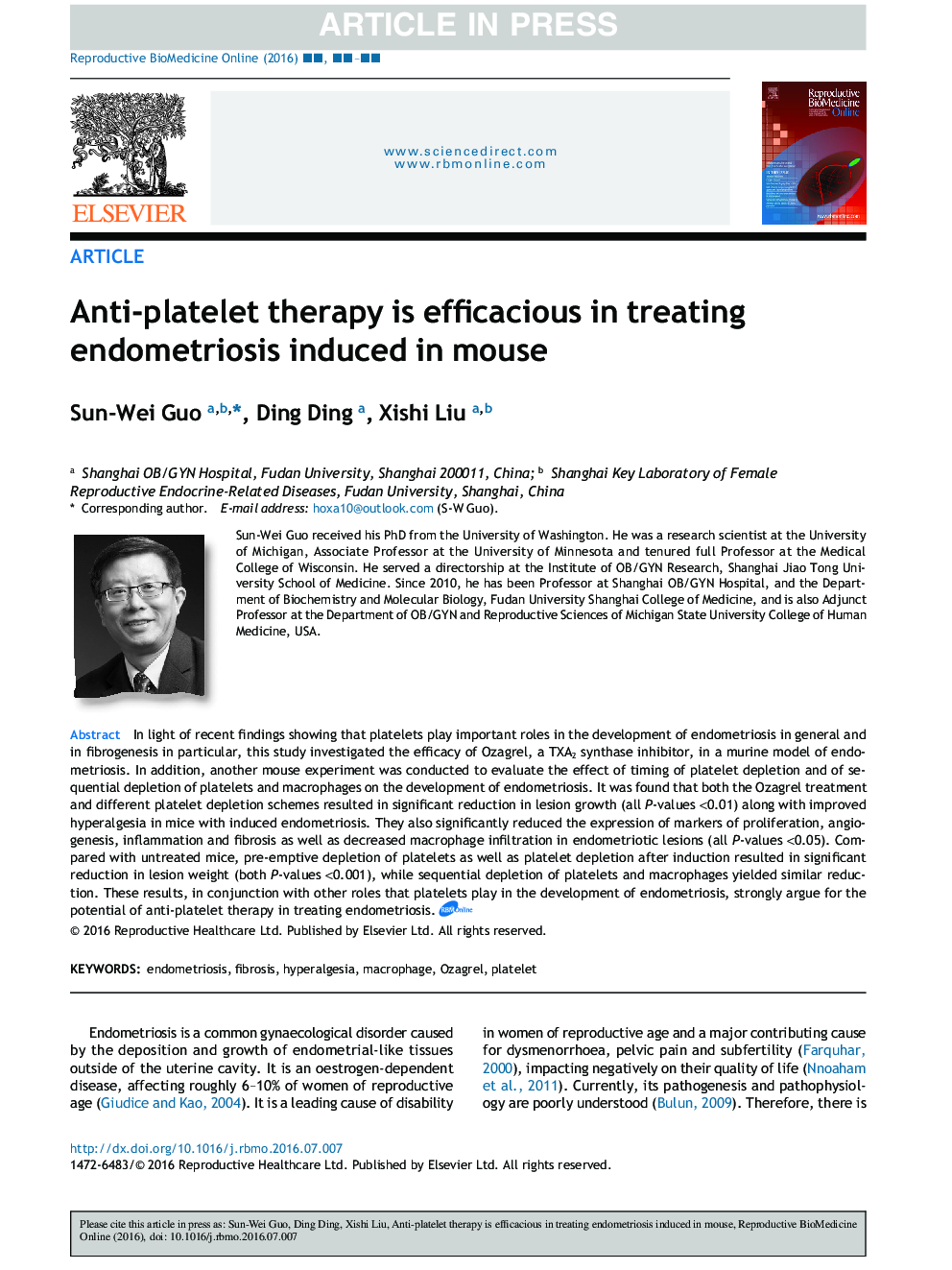 Anti-platelet therapy is efficacious in treating endometriosis induced in mouse