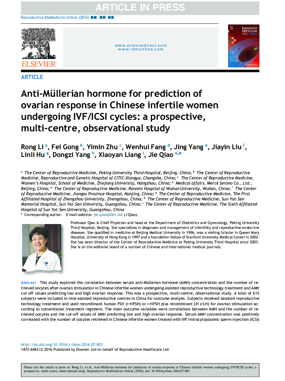 Anti-Müllerian hormone for prediction of ovarian response in Chinese infertile women undergoing IVF/ICSI cycles: a prospective, multi-centre, observational study