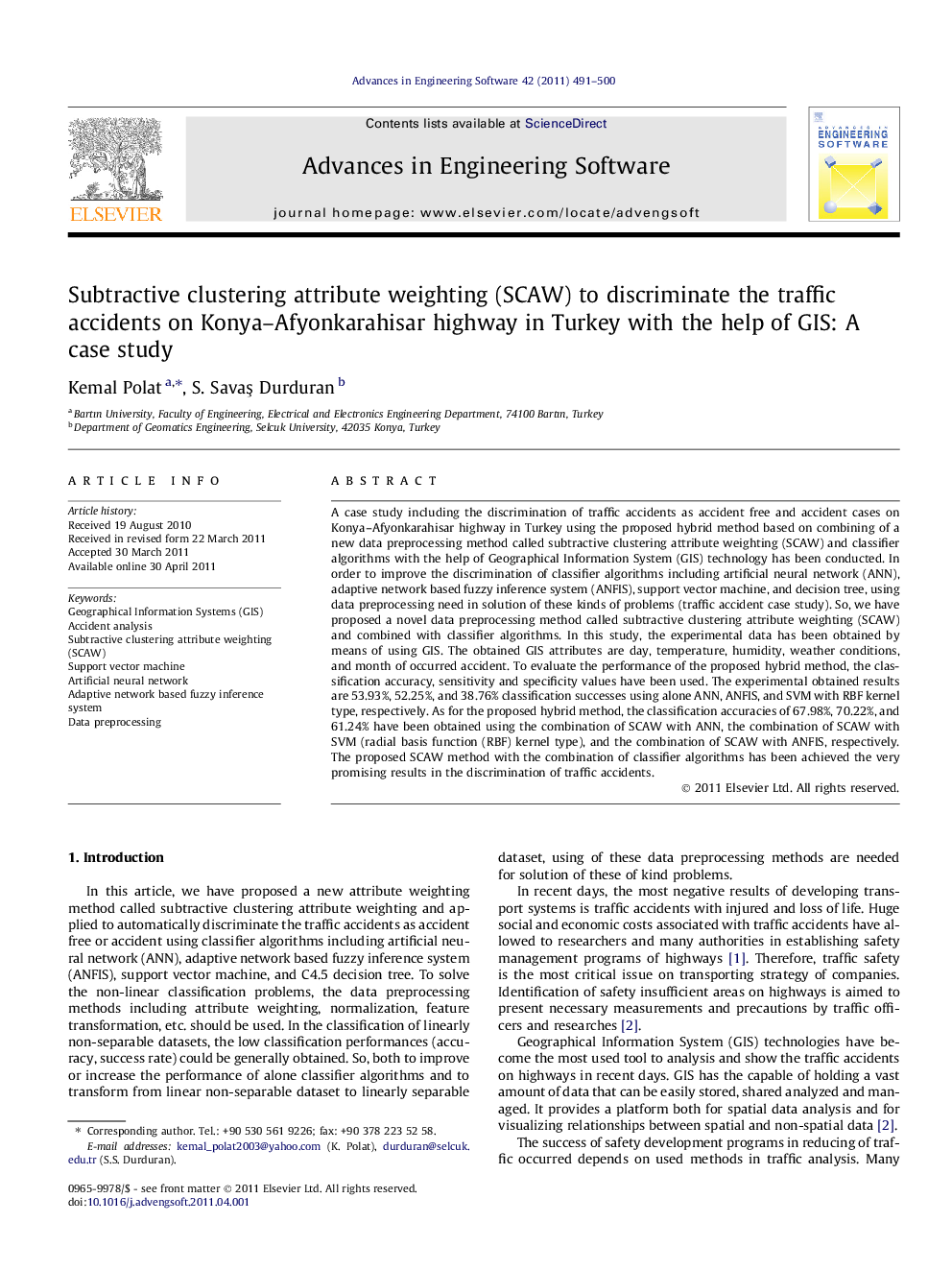 Subtractive clustering attribute weighting (SCAW) to discriminate the traffic accidents on Konya–Afyonkarahisar highway in Turkey with the help of GIS: A case study