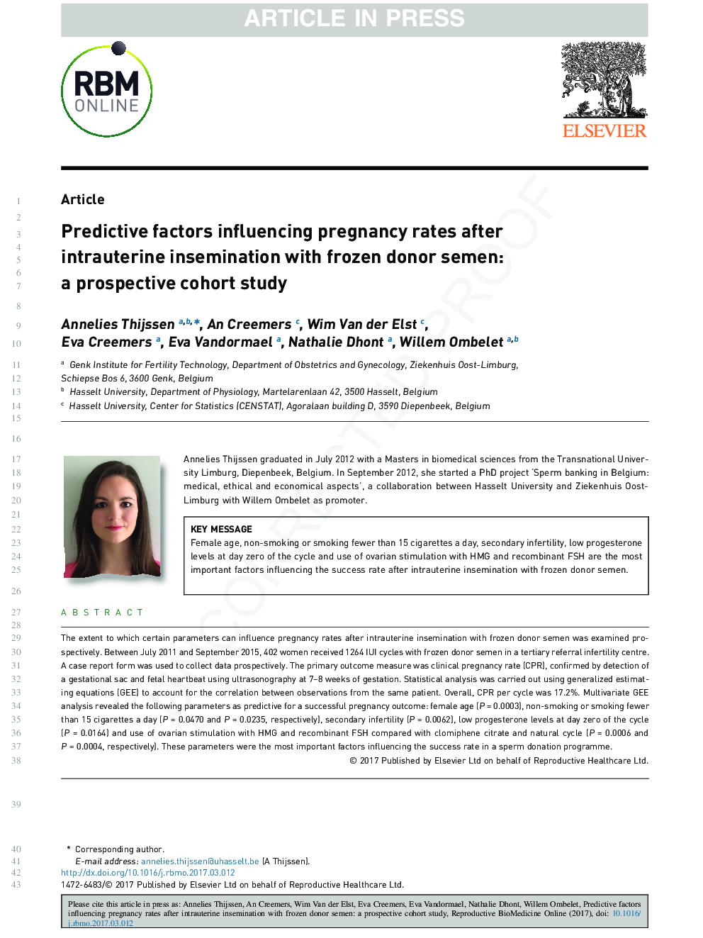 Predictive factors influencing pregnancy rates after intrauterine insemination with frozen donor semen: a prospective cohort study