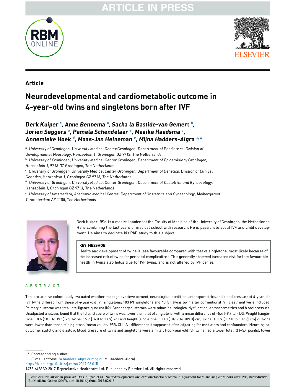 Neurodevelopmental and cardiometabolic outcome in 4-year-old twins and singletons born after IVF