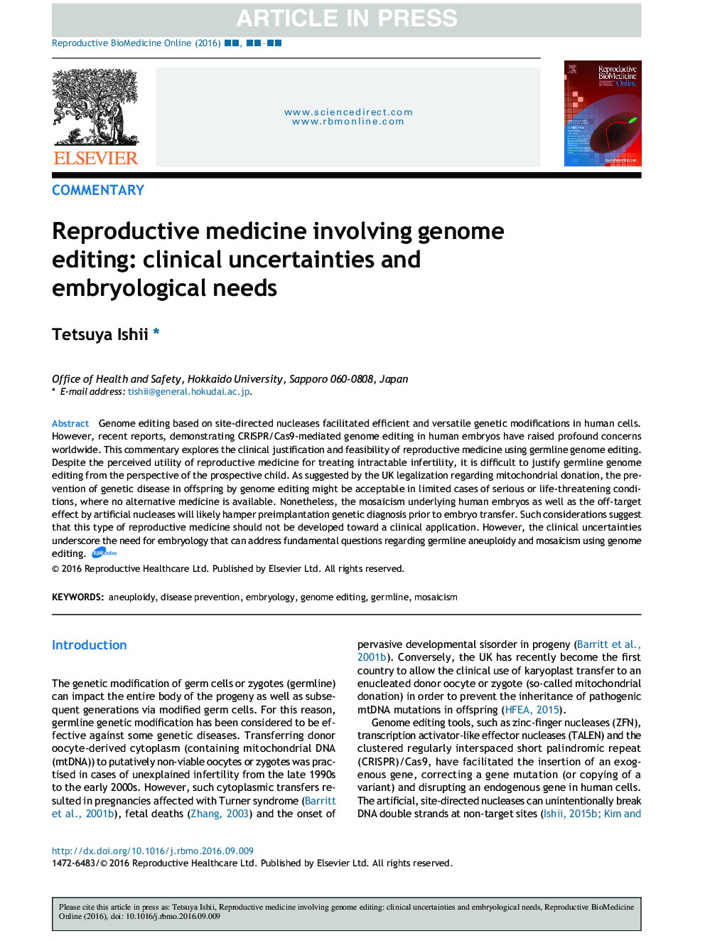 Reproductive medicine involving genome editing: clinical uncertainties and embryological needs
