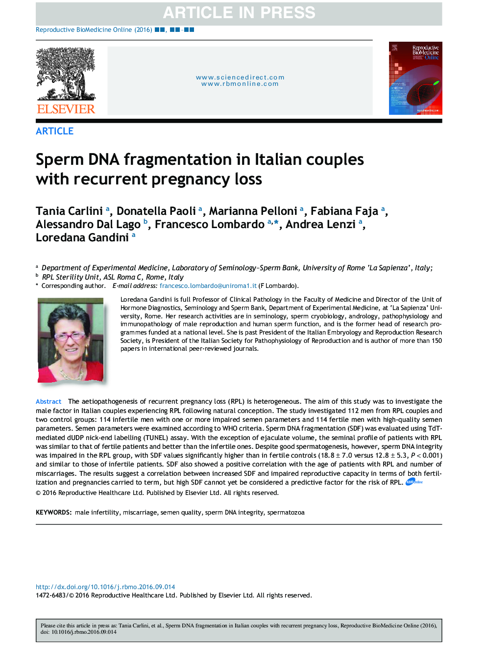 Sperm DNA fragmentation in Italian couples with recurrent pregnancy loss