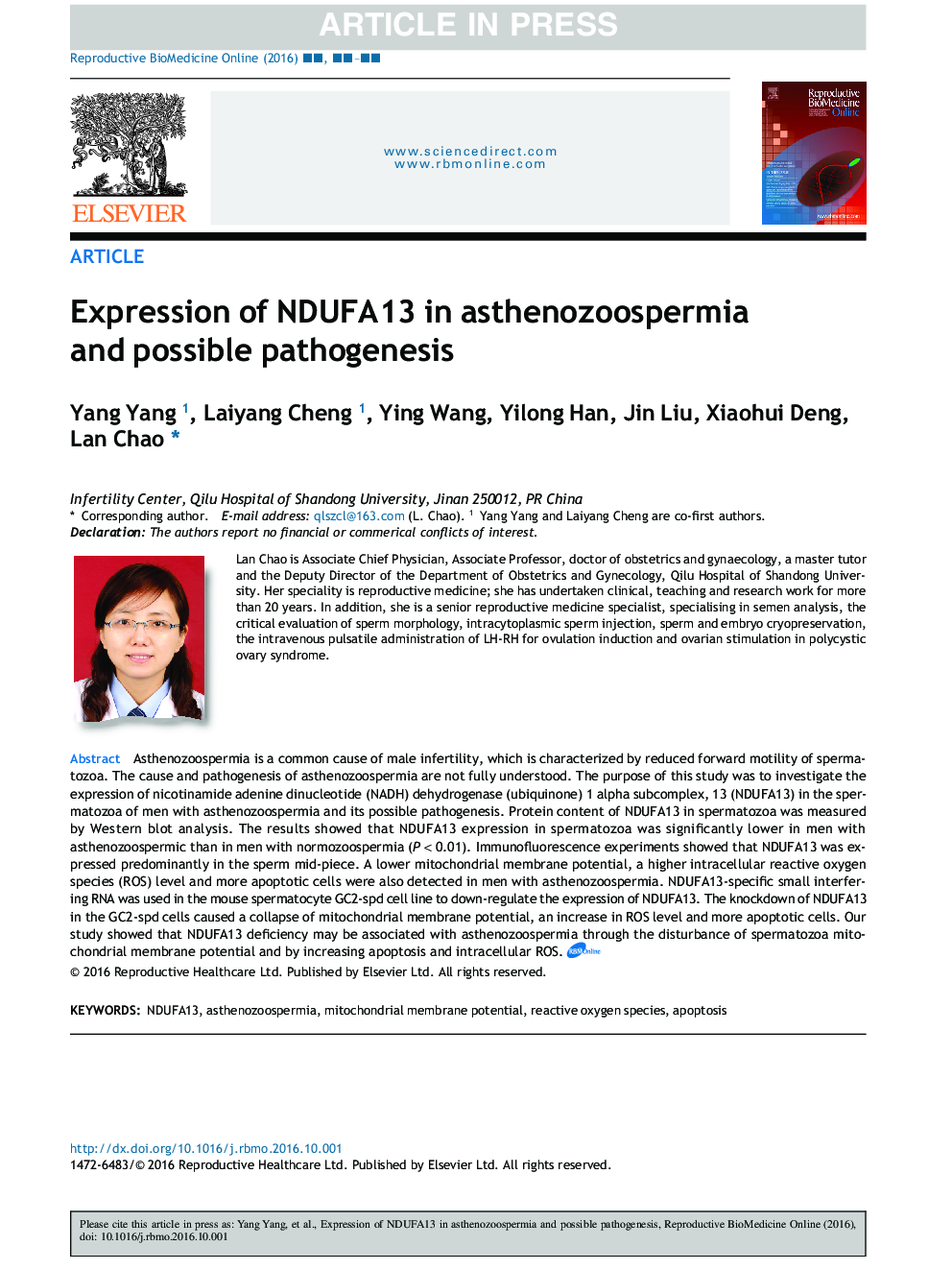 Expression of NDUFA13 in asthenozoospermia and possible pathogenesis