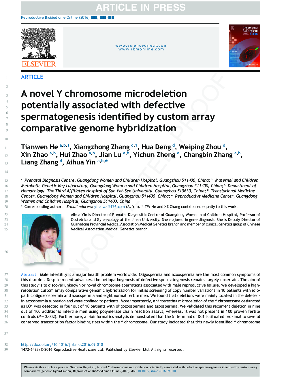 A novel Y chromosome microdeletion potentially associated with defective spermatogenesis identified by custom array comparative genome hybridization